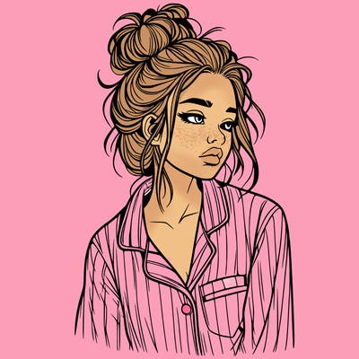 realistic woman with pajamas on and a messy bun