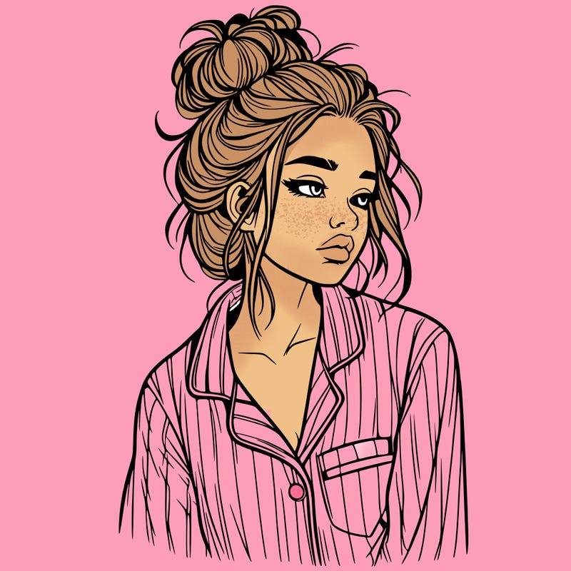 realistic woman with pajamas on and a messy bun