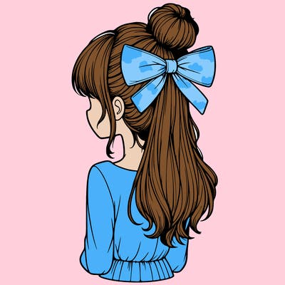 realistic girl  with hip length hair a bun and a big bow on the back of head