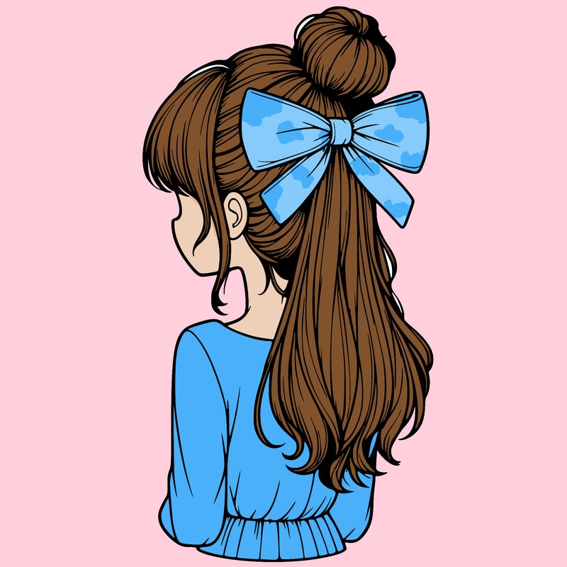 realistic girl  with hip length hair a bun and a big bow on the back of head