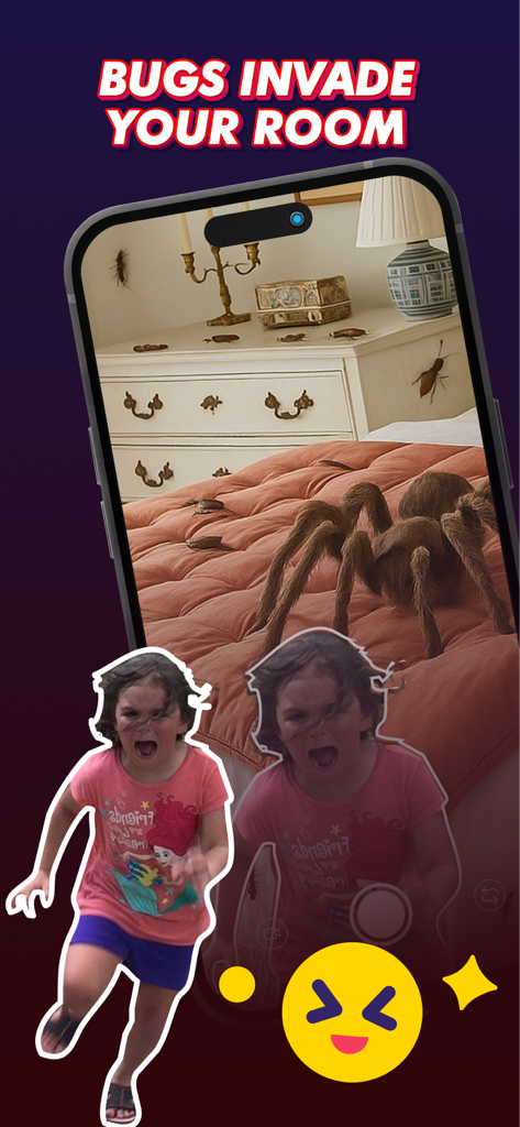 Arañas e insectos de realidad aumentada arrastrándose en un dormitorio para una broma