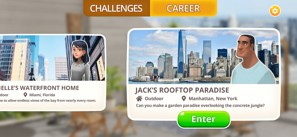 Homematch app screen showing career mode with home design projects like a rooftop paradise in Manhattan.