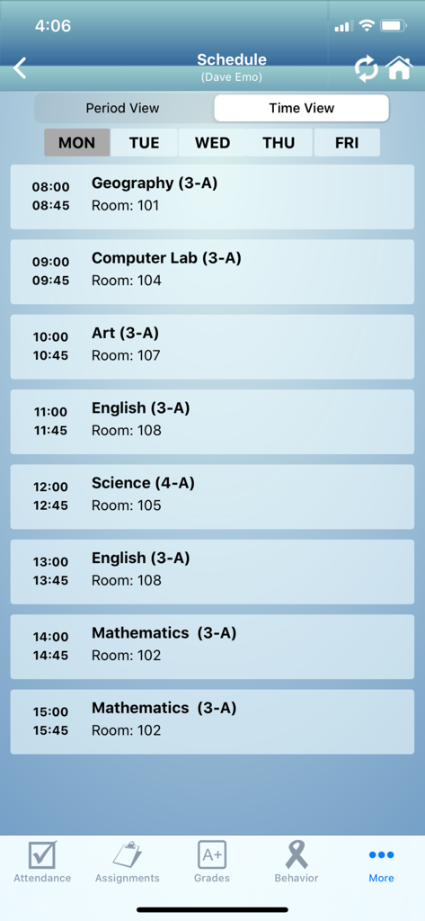 COOLSIS Family Access - A daily student class schedule screen within the COOLSIS Family Access app showing subjects times and room numbers