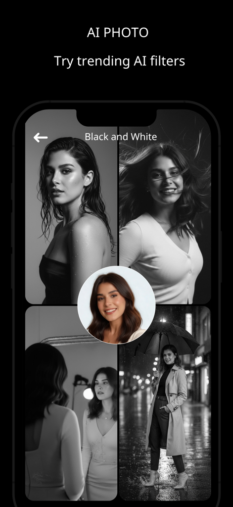 Kimo: AI Photo & Face Analyzer - Kimo app interface displaying black and white AI photo filter results
