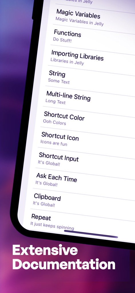 Jellycuts - A list of documentation topics in the Jellycuts app including variables, functions, and string operations.