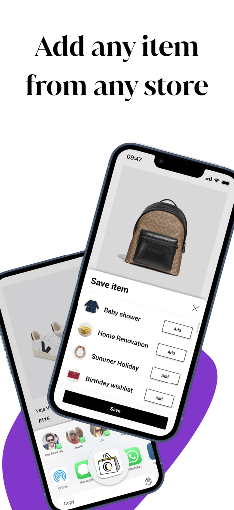 Moonsift mobile app interface showing a user saving a designer backpack into organized wishlist collections like Baby shower and Home Renovation