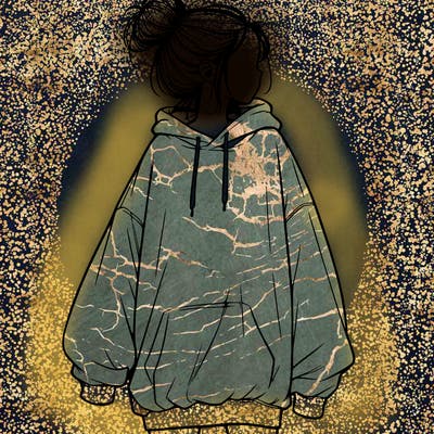 realistic girl with a oversized sweatshirt on and a bun