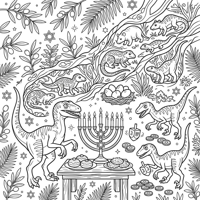 Journey back in time and celebrate the Festival of Lights with a prehistoric twist! This extraordinary coloring page combines the fascinating Velociraptor diet with joyous Hanukkah traditions, offering a truly unique artistic experience.