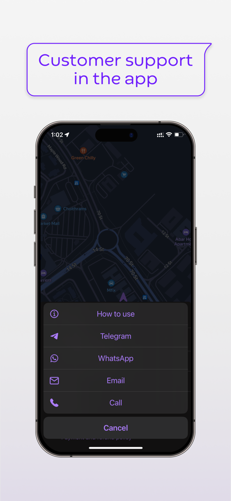 Smartphone screen showing the KEEP IN TOUCH app customer support menu with contact options for Telegram WhatsApp Email and Call
