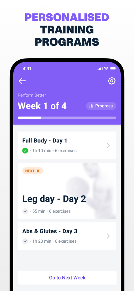 James Smith Academy - James Smith Academy app screen displaying a personalized four week training program with specific daily workouts