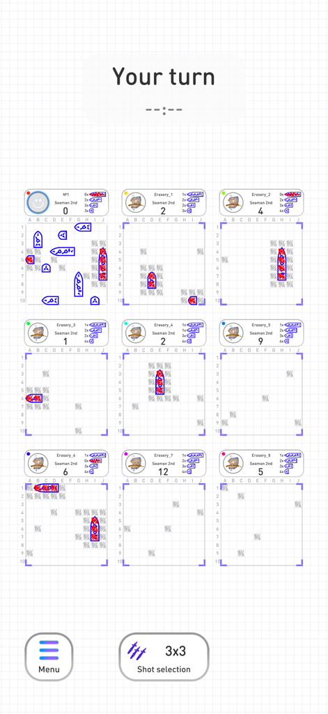 Seabattle batalies online - 9-player sea battle game interface with a hand-drawn notebook sketch style showing multiple grids