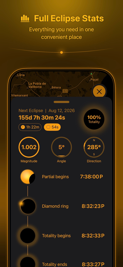 Solar Snap - Solar Snap mobile app screen displaying solar eclipse statistics and a countdown timer for the next event