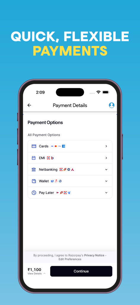 Savaari app payment details screen showing flexible payment options like cards netbanking and wallets