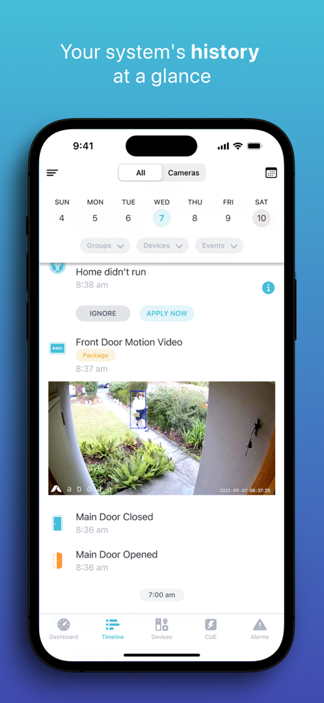 Abode - Abode app timeline screen showing home security event history and camera footage