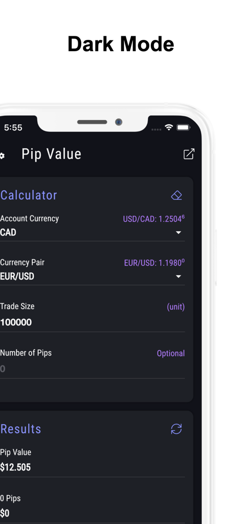 Interfaz de la aplicación Pip Calculator en modo oscuro que muestra cálculos de pares de divisas.