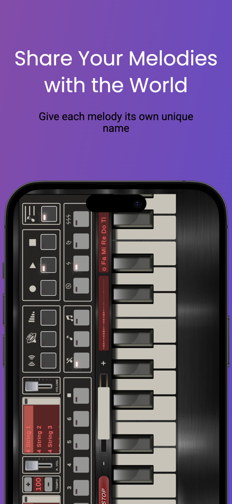 Digitale Tastatur-Oberfläche von Mobile Org 2025 auf einem Smartphone mit Handlungsaufforderung zum Teilen von Melodien