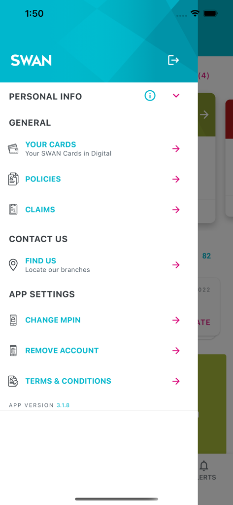 Side menu of the mySWAN mobile app showing navigation options for cards policies claims and account settings