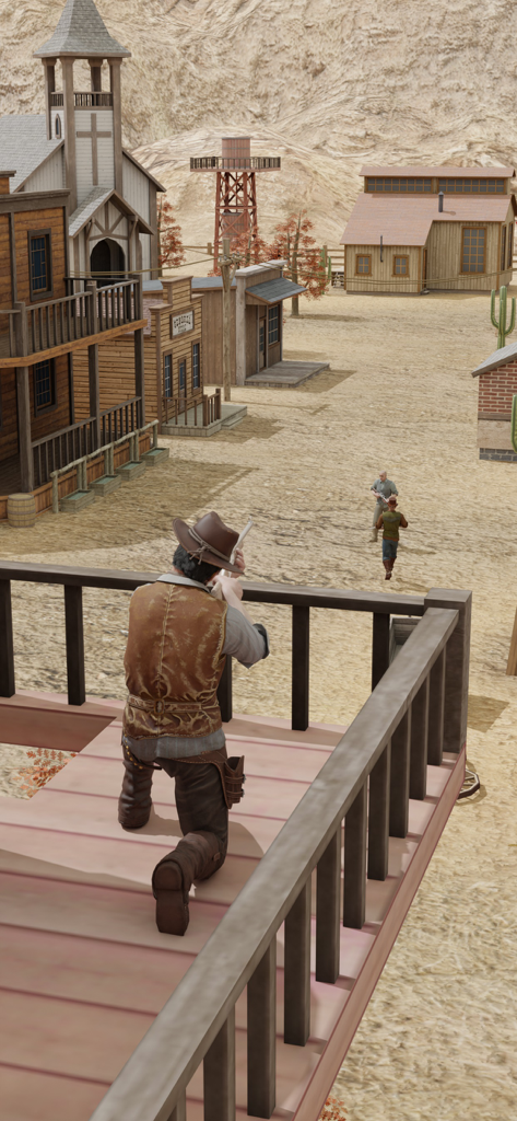 Wild West Sniper: Cowboy War - Ein Cowboy-Scharfschütze zielt mit einem Gewehr von einem Balkon in einer alten Westernstadt