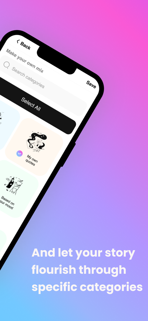 Felt – AI Journal Buddy - Uma tela no aplicativo Felt mostrando a seleção de categorias de diário com opções para citações personalizadas e prompts baseados em humor.