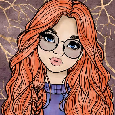 girl with long hair and freckles and glasses realistic