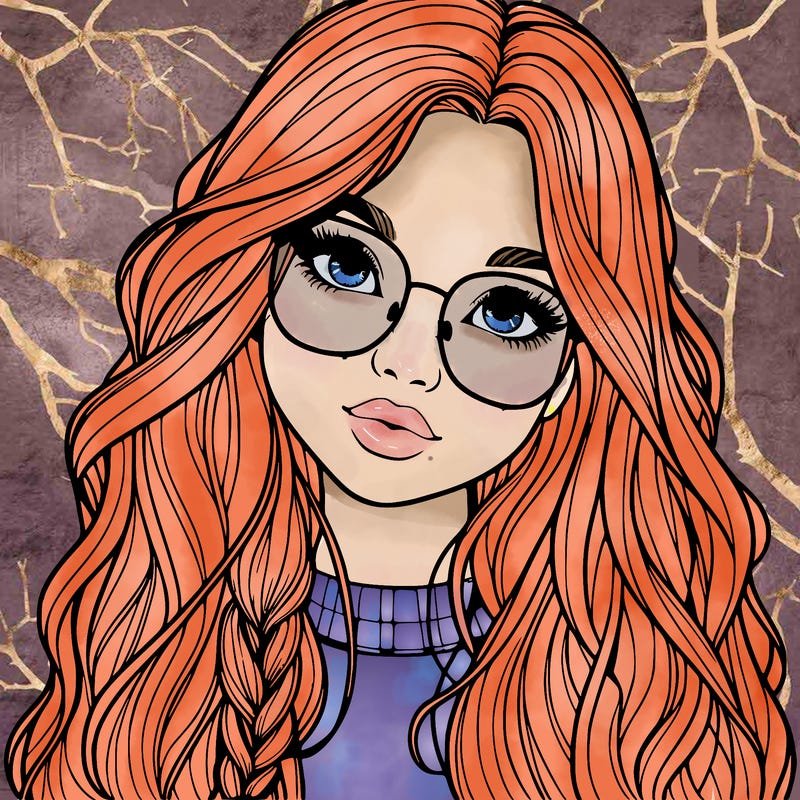 girl with long hair and freckles and glasses realistic