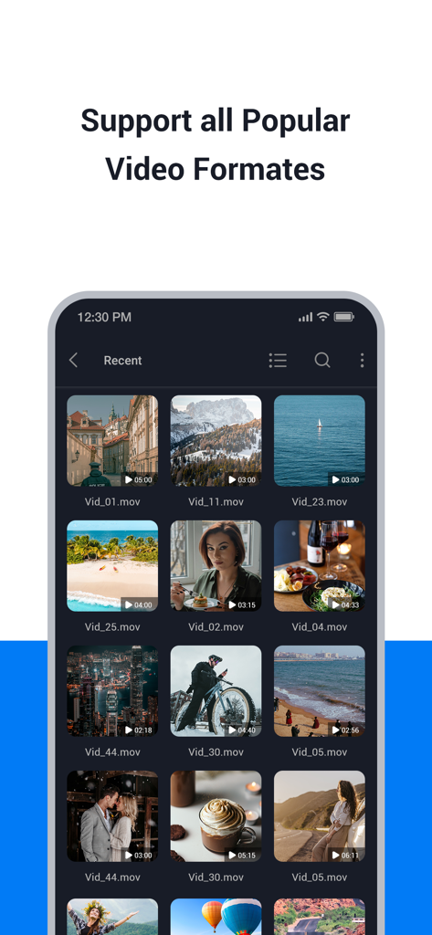 SPlayer -Video Media Player - Mobile app interface of SPlayer showing a grid of recent videos in various formats