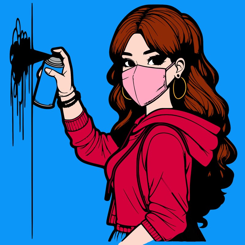 realistic girl with mask spray painting a wall