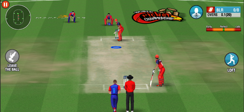 A gameplay screenshot of World Cricket Championship 2 showing a batsman prepared to hit a ball on a 3D cricket field
