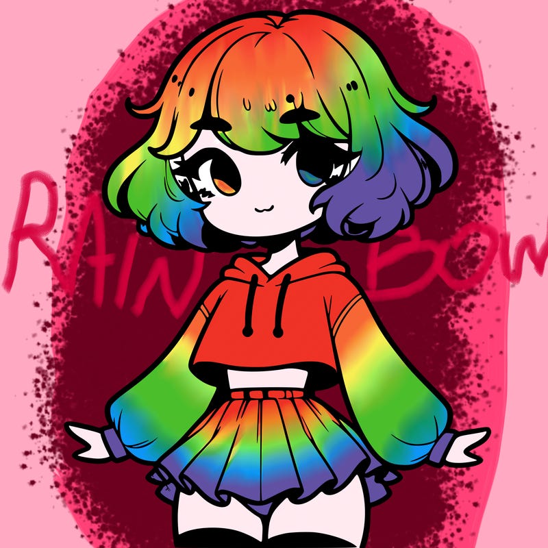 cute femboy with short, fluffy hair that softly frames their face, wearing a cropped hoodie, paired with a flouncy short skirt, and thigh-high stockings