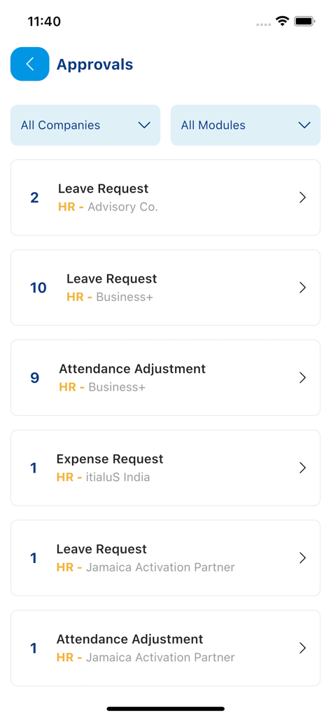 WallPost Software - Mobile interface of WallPost software showing a list of pending HR approvals including leave and expense requests for multiple business entities