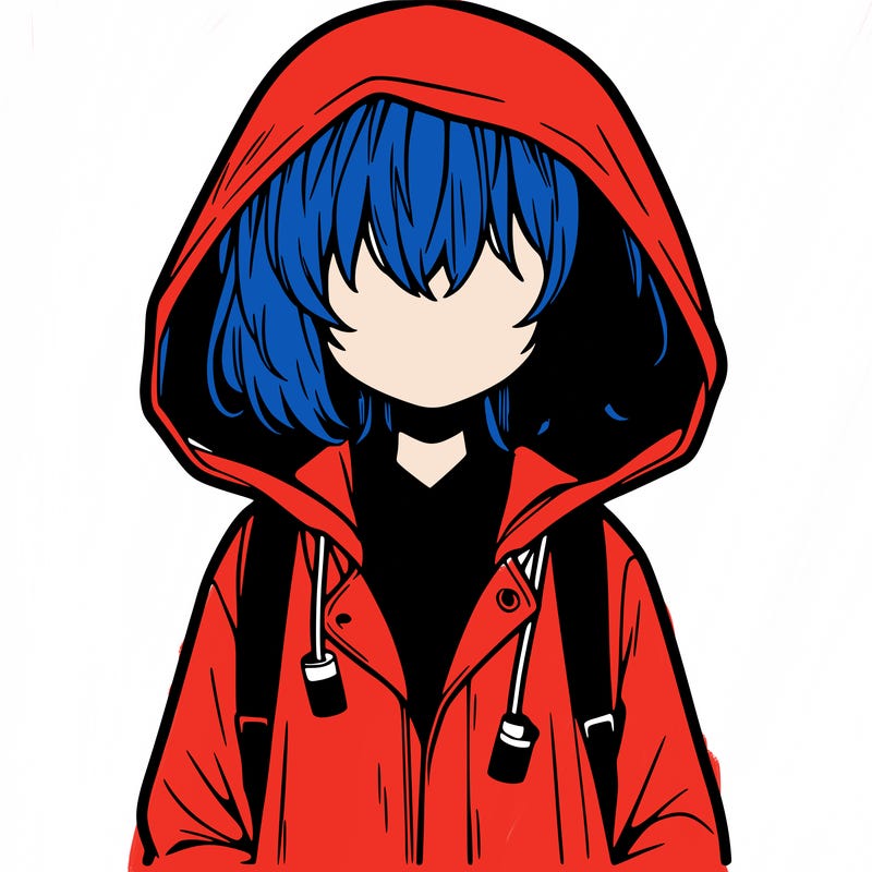 little anime girl in a raincoat her hair is covering her eyes she has a lighter