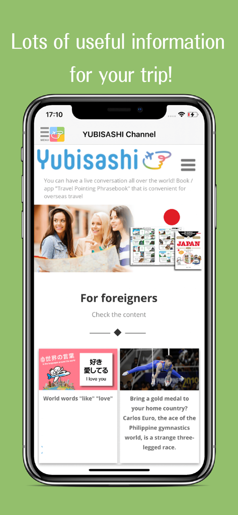 Yubisashi Channel interface with travel articles and language phrases for explorers