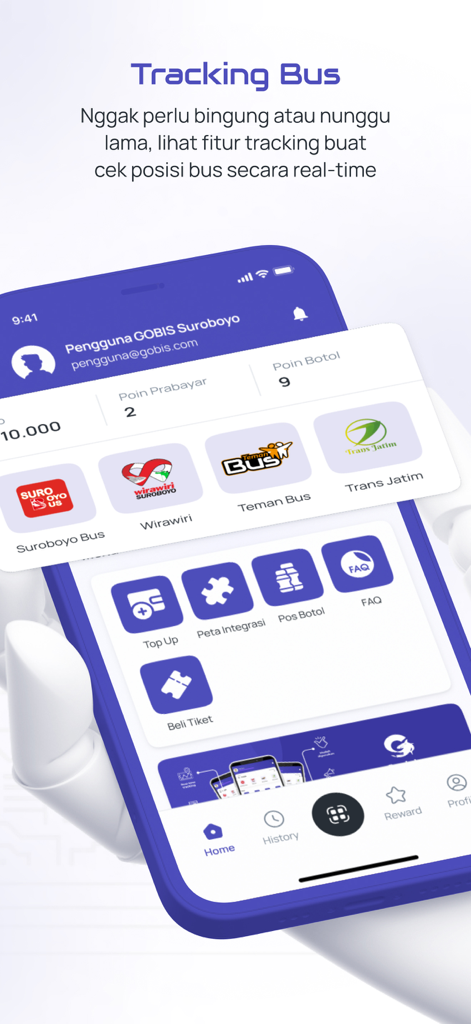Real-time bus tracking dashboard of the Gobis Suroboyo mobile app showing integrated transport services.