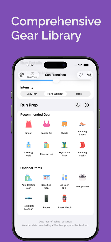 RunPrep - Weather for Runners - RunPrep app gear library showing recommended and optional running equipment