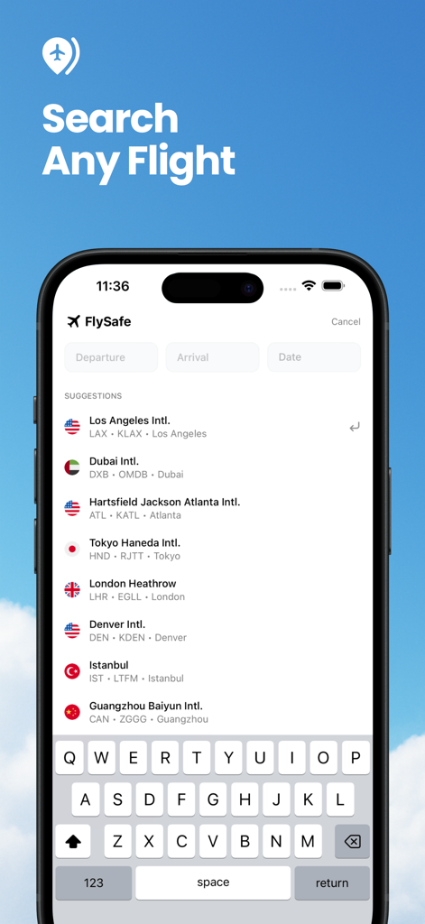 Écran de recherche de l'application FlySafe montrant des suggestions d'aéroports comme Los Angeles et Dubaï avec un clavier ouvert