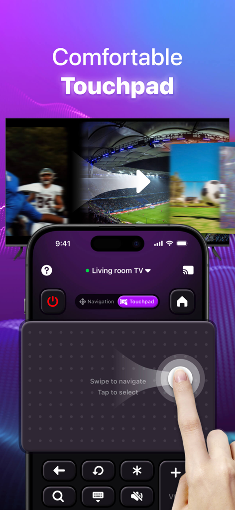 TV Remote Control Mirror Cast - Smartphone screen showing a digital touchpad interface to navigate a smart TV with a hand swiping