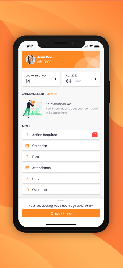 Employee dashboard in the Haermes Mobile 3 app showing leave balance, monthly hours, and HR service menu options like attendance and overtime.