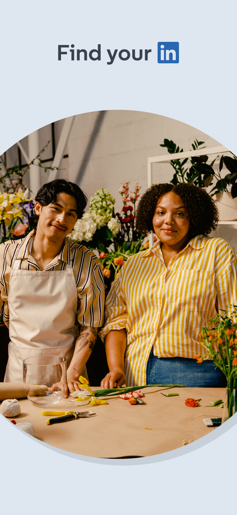 Two creative professionals in a flower shop featured on a LinkedIn app screen with the text Find your in