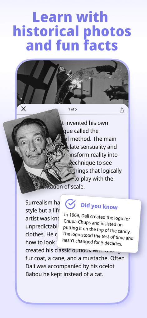 Interface de l'application Nerdish affichant un article historique et des faits amusants sur Salvador Dali