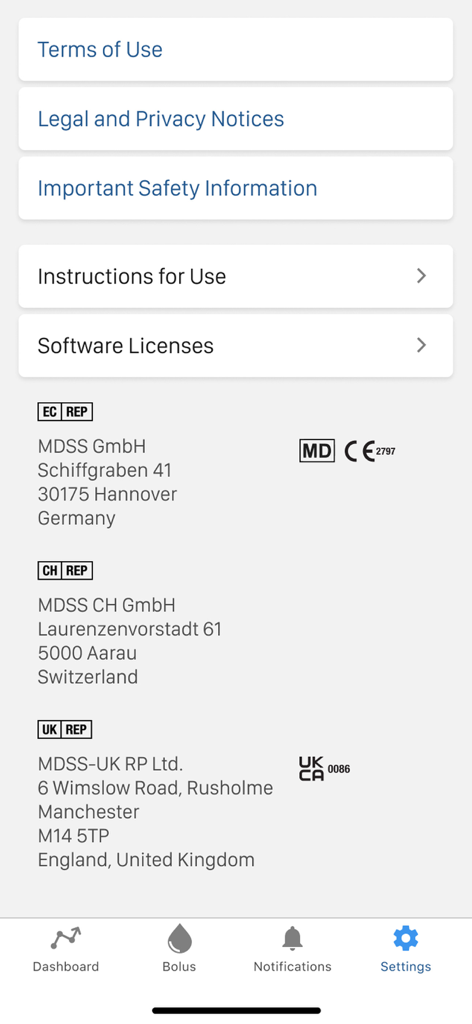 Tandem t:slim Mobile App - Settings screen of the Tandem t-slim mobile app displaying legal notices safety information and regulatory contact details