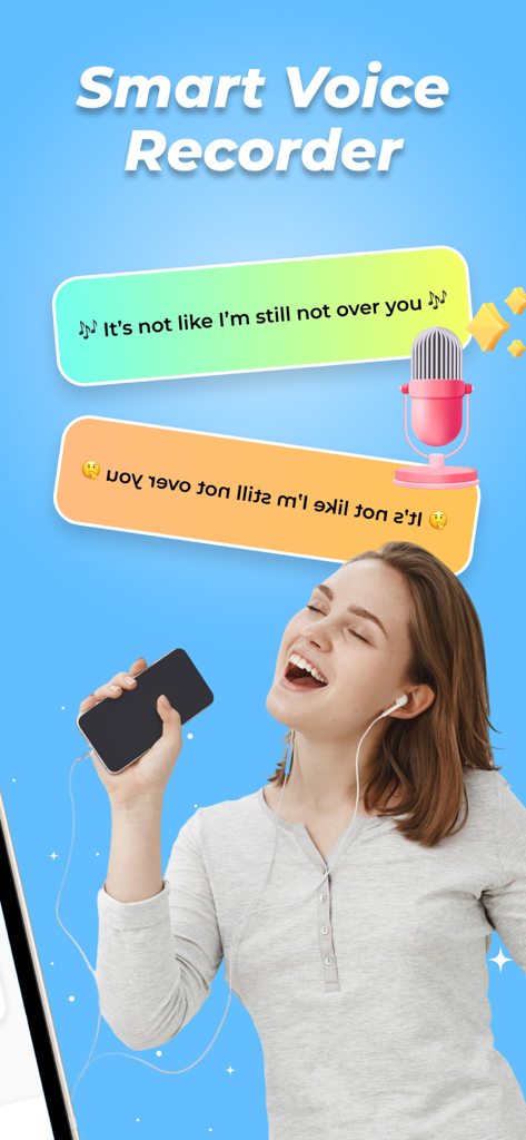 Reverse Audio: Play Singing - A girl singing into her phone with text bubbles showing lyrics played forward and backward for the reverse audio challenge.