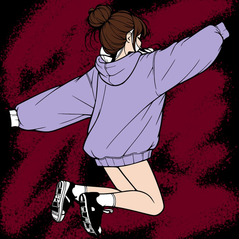 realistic girl jumping with a bun and oversized sweatshirt