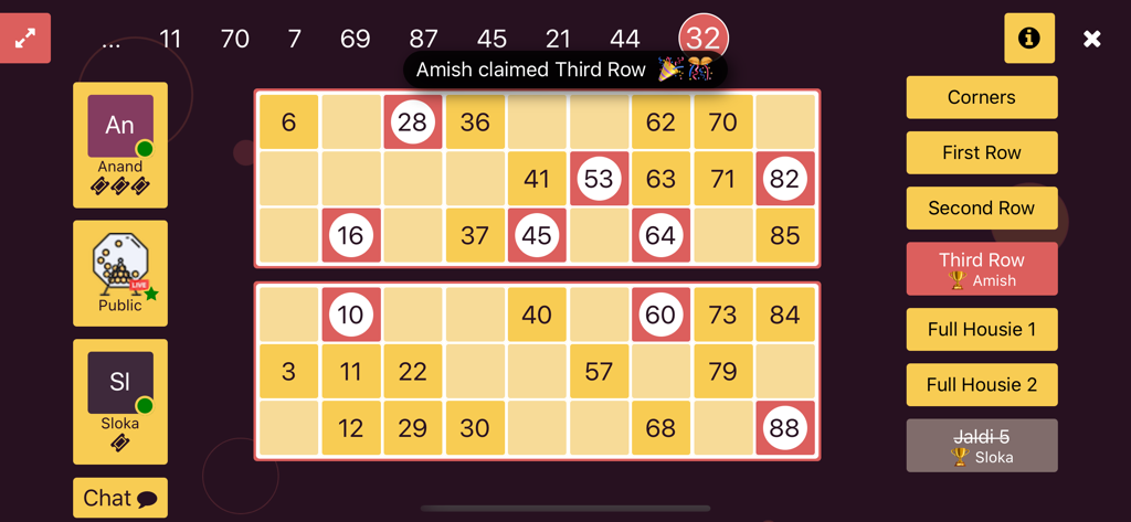 Online Tambola - Paperless - Gameplay interface of Online Tambola app showing digital tickets and real-time prize claim notifications.