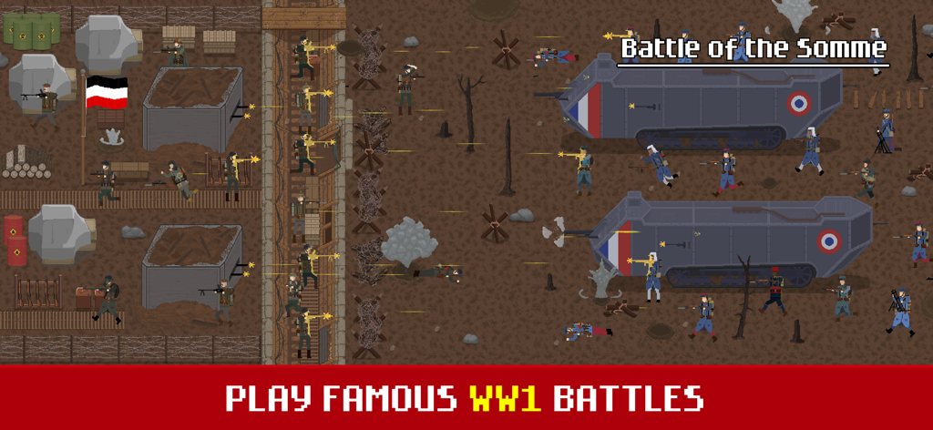Trench Warfare WW1: Army War - Jugabilidad pixel art que muestra la Batalla del Somme con tanques franceses y soldados alemanes en trincheras
