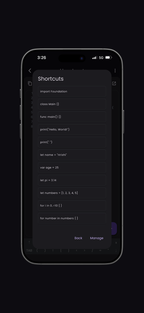 SwiftCore ‎Compiler(Pro) - Menú de atajos en la aplicación SwiftCore Compiler que muestra fragmentos de código Swift para inserción rápida
