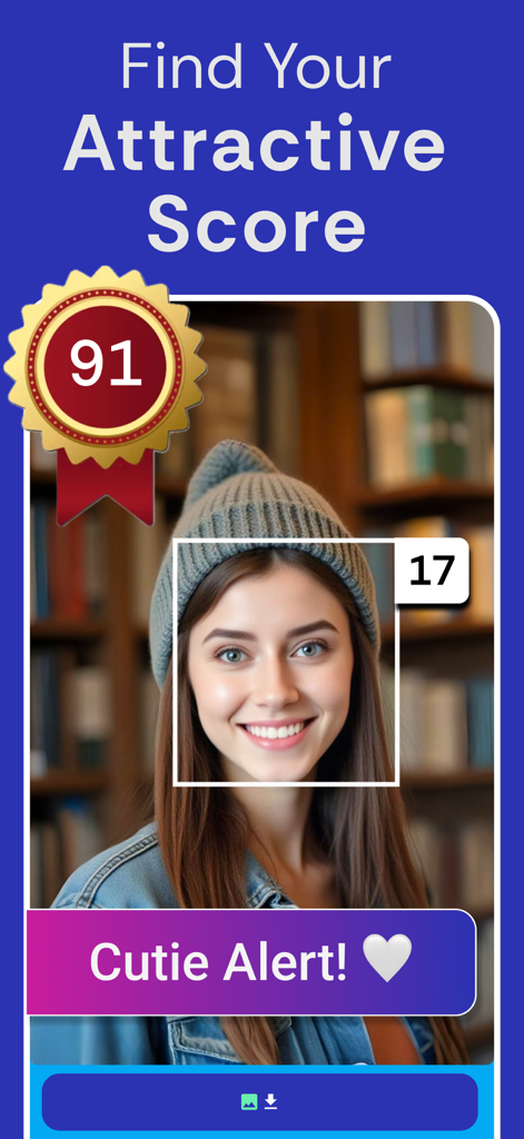 How Old Do I Look - Future Me - 魅力度スコア91、予測年齢17歳のビーニー帽をかぶった若い女性のアプリインターフェース。