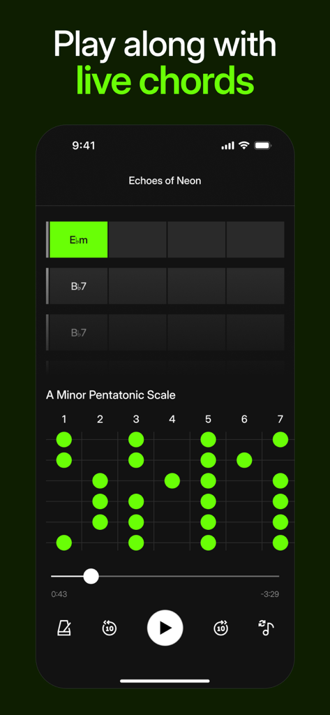 AI Backing Track Generator - Rhythm Studio mobile app interface featuring live chords and a scale visualizer for guitar practice