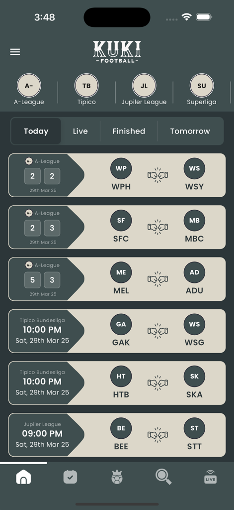 KUKI Football - KUKI Football app screen showing daily match fixtures and live scores with a minimalist dark mode design.