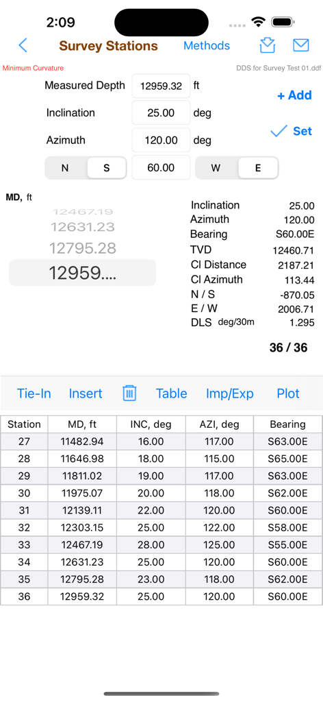 Directional Drilling - Interface of the Directional Drilling app showing survey station data, technical calculations, and a detailed station table.