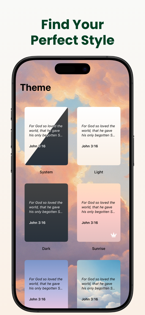 Daily Bible Verse Widget - Interface showing various aesthetic theme options for the Daily Bible Verse Widget app.